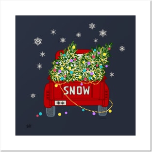 Decorated Christmas Trees on Red Old Truck Snowing Posters and Art